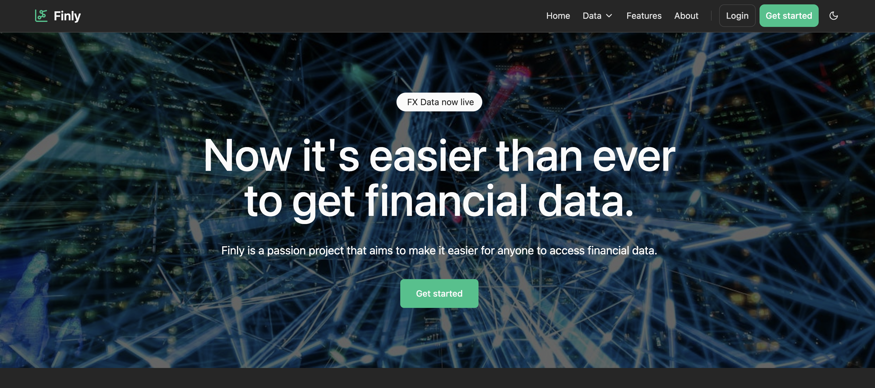 Finly is a market data app built using Go, Echo & SQLite. The app is an API that holds relevant market data from over 25+ sources and aggregates it into a single scalable format. HTMX is used to create a small logged in section to allow users to manage API keys.
